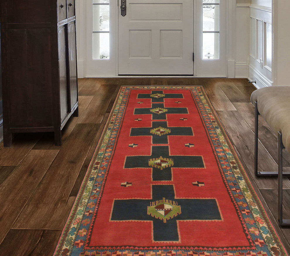 Fine Vintage Distressed Fawad Red/Navy Runner, 3'9x10'4