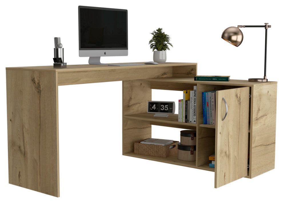 Boston L-Shaped Desk with Cabinet, 2 Inner Shelves, and 2 Outer Shelves, Light Oak