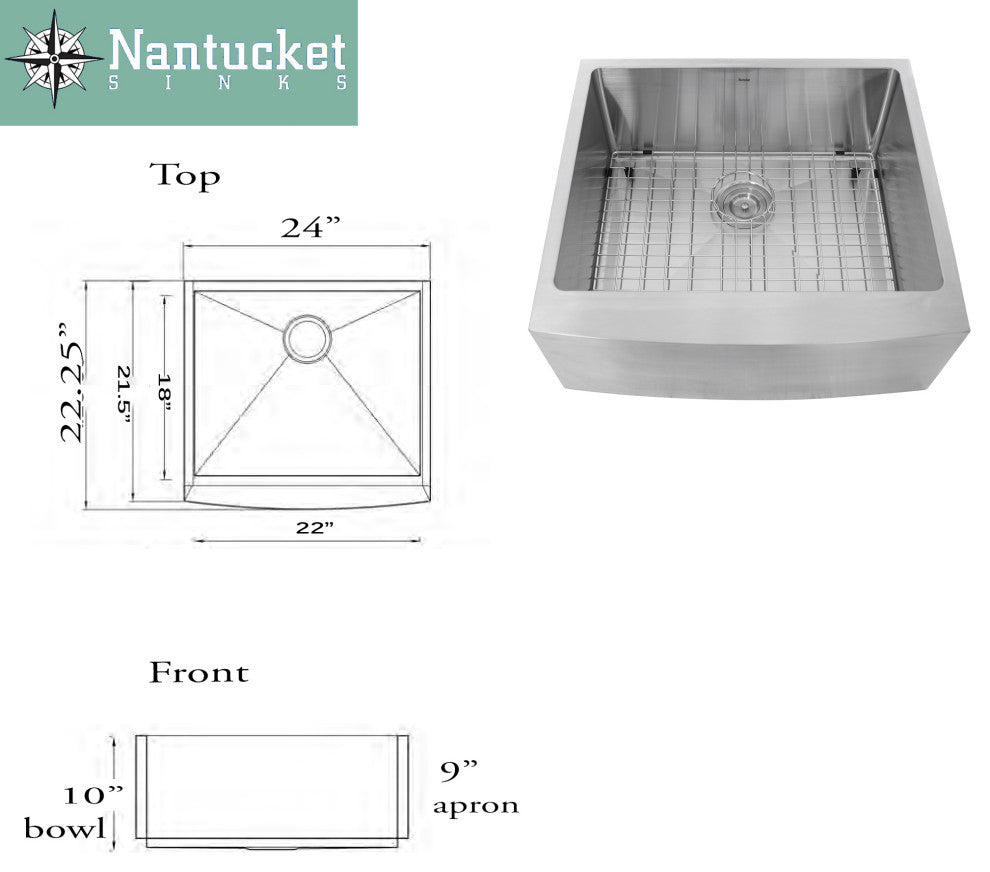 Nantucket Sinks 24" Pro Series Apron Farmhouse Stainless Steel Kitchen Sink