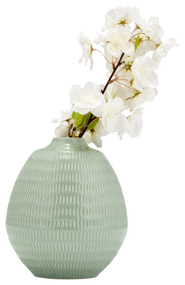 Ceramic 7", Stripe Oval Vase, Dark Sage