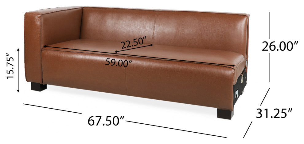 Minkler Contemporary Faux Leather 3 Seater Sofa With Chaise Lounge, Cognac/Dark Walnut