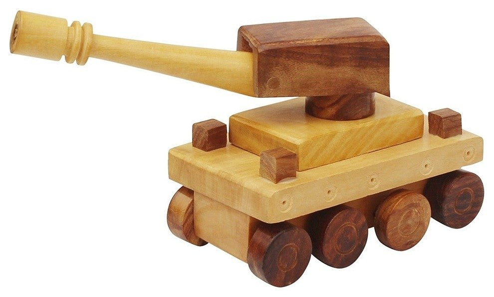 Handmade Wooden Tank Toy With Movable Wheels And Turret, Brown