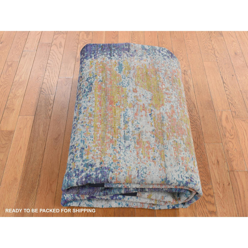 Gold Color, Silk With Wool, Abstract Design, Hand Knotted Rug, 7'10"x10'