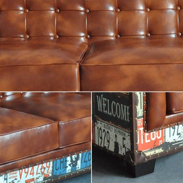 Vintage Industrial Loft 3-Seater Sofa Tufted Brown Faux Leather Upholstered Sofa