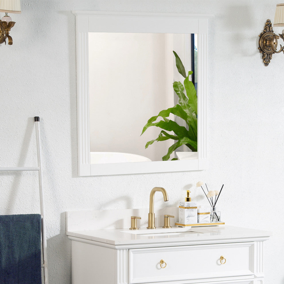 Solid Wood Bathroom Vanity Mirror for Wall Mounted, White, 32x33