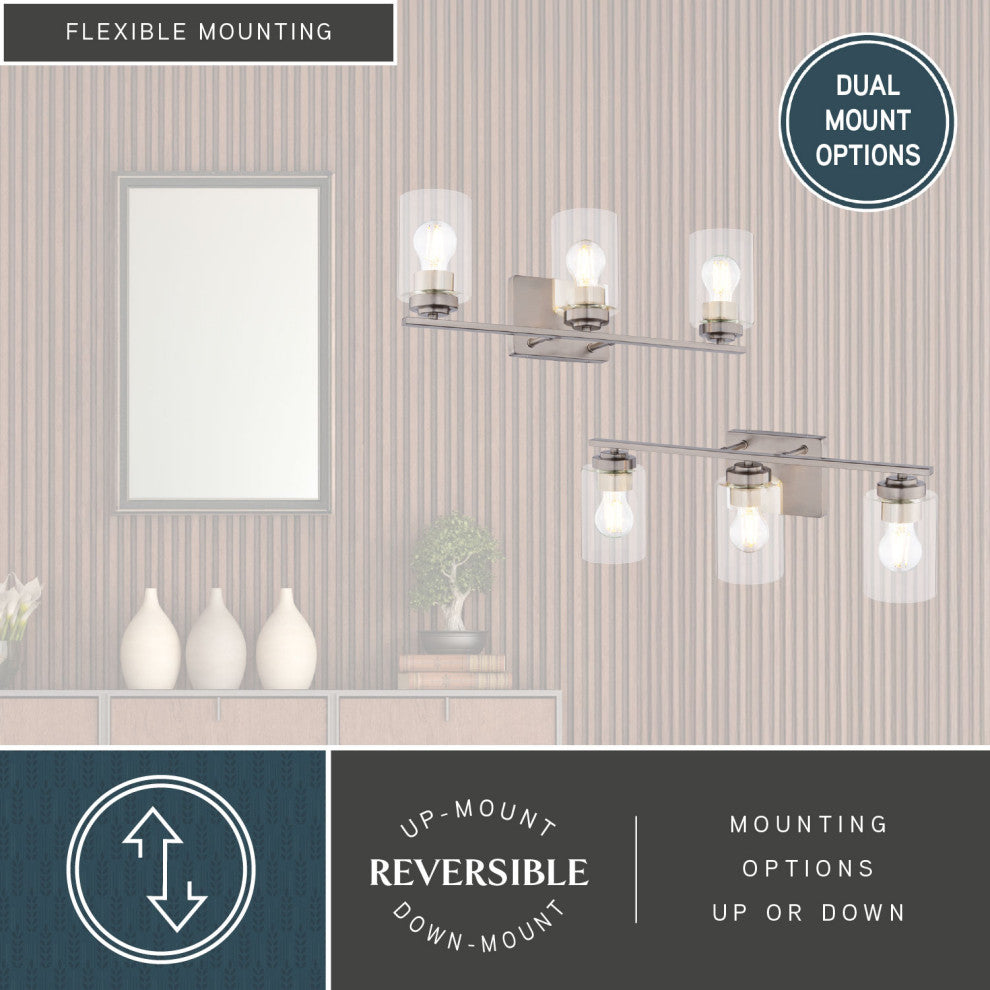 Park Ridge 4.75" 1-Light Black Bathroom Vanity Fixture, Clear Glass Shade, Satin Nickel, 3-Light