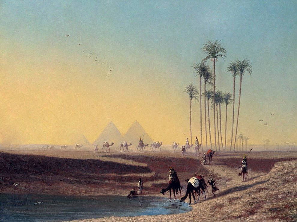 Tile Mural, Oasis By Charles theodore Frere Camel Palms Water Pyramid Matte