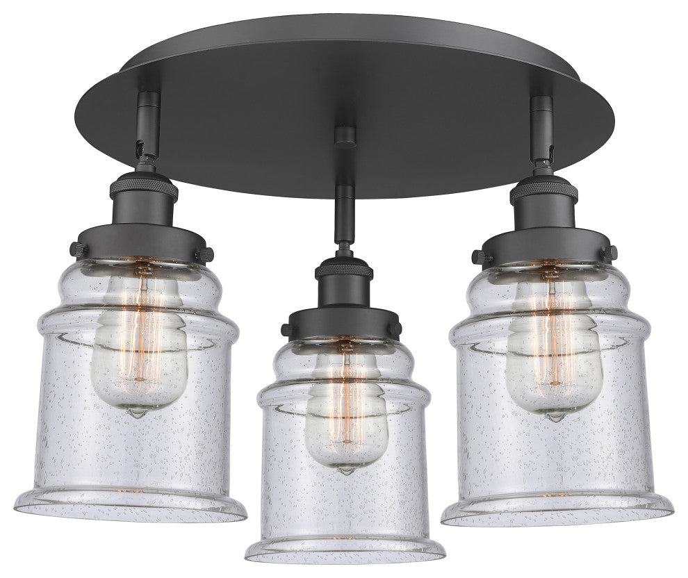 Canton-3 Light 18" Flush Mount-Matte Black, Seedy Glass Shade