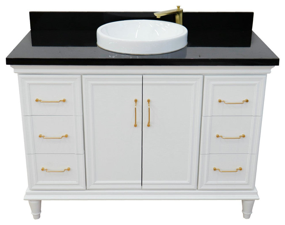 49" Single Sink Vanity, White Finish With Black Galaxy Granite and Round Sink