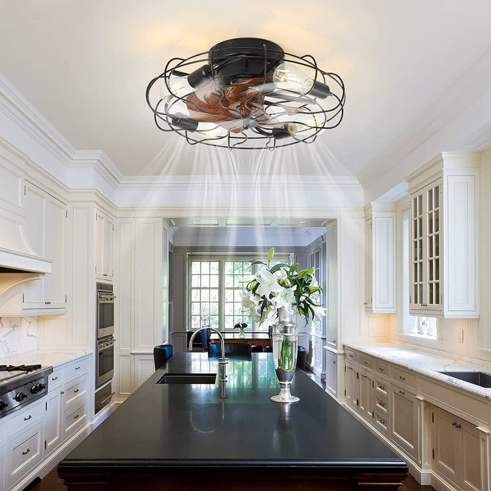 Black Cage Flush Mount Ceiling Light, Fan And Remote Control, 5 Light