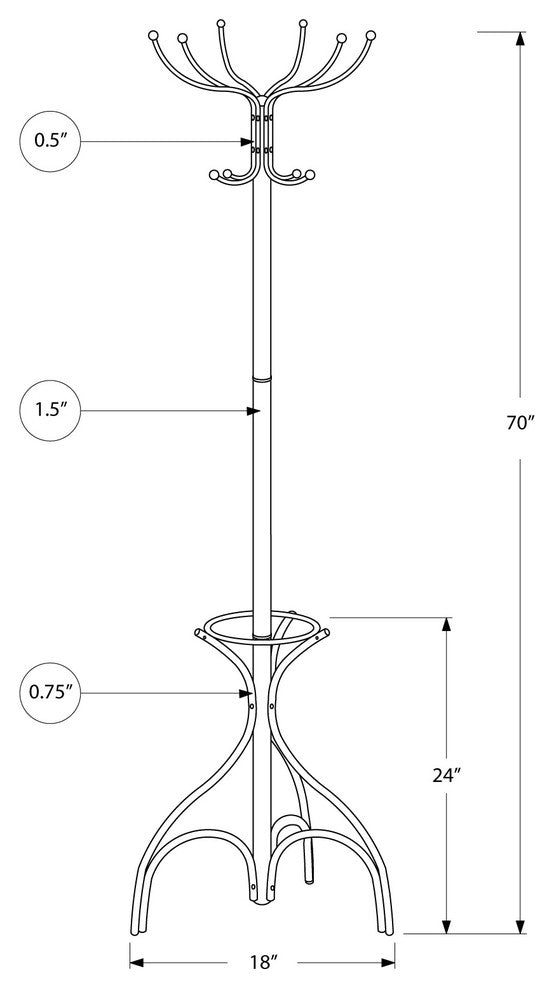 Coat Rack, 70" Silver Metal With An Umbrella Holder