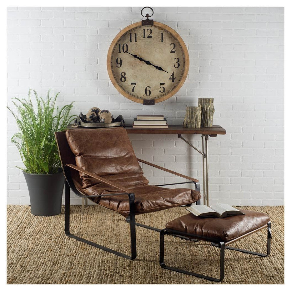 Mod Brown Leather Metal Base Ottoman
