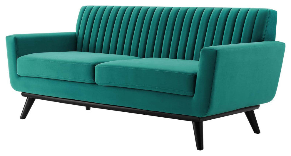 Tufted Loveseat Sofa, Velvet, Teal Blue, Modern, Living Lounge Hotel Hospitality