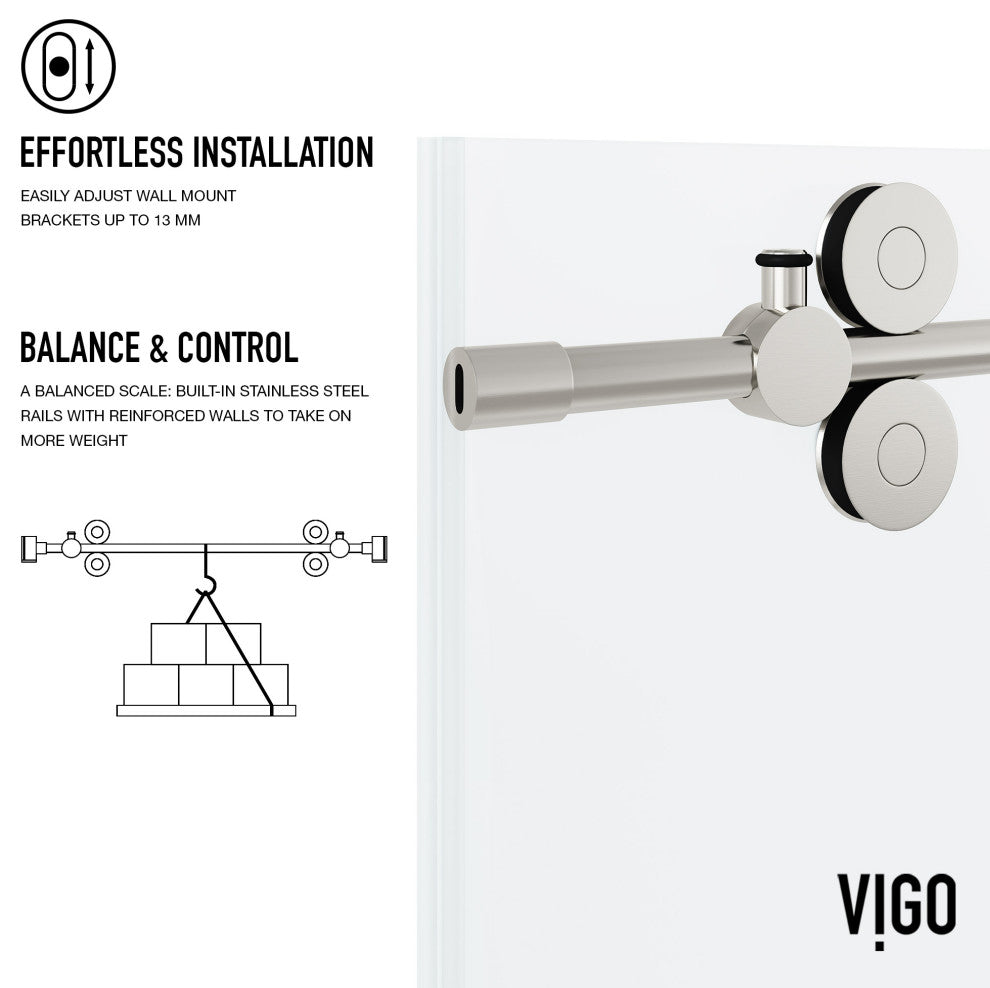 VIGO Elan 56" to 60" W x 74" H Frameless Sliding Shower Door, Stainless Steel, Left, Frosted Glass