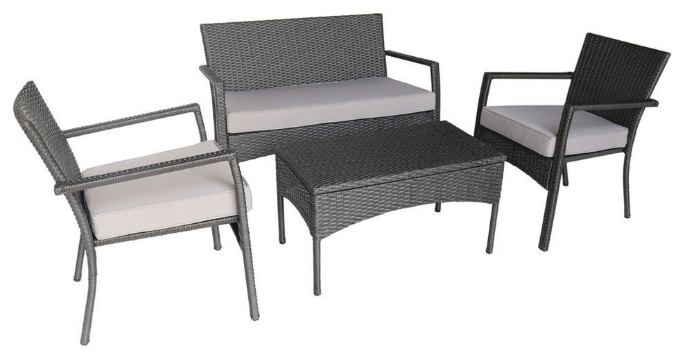 GDF Studio Bryson Outdoor Wicker 4 Seater Chat Set, Gray With Silver Cushions