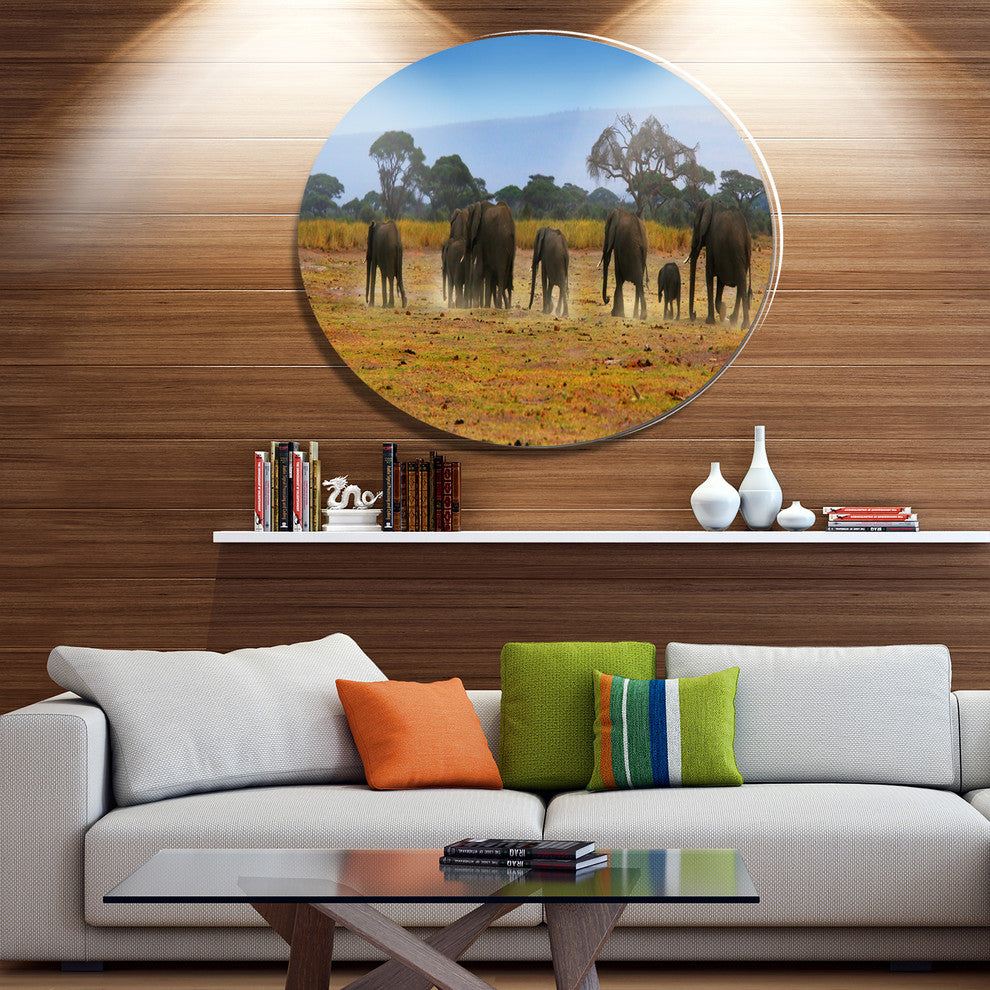 Memory Of African Wild Elephants, African Disc Metal Wall Art, 36"