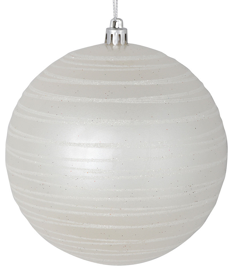 Vickerman N187611D 4" White Candy Finish Ball Ornament With Glitter Lines