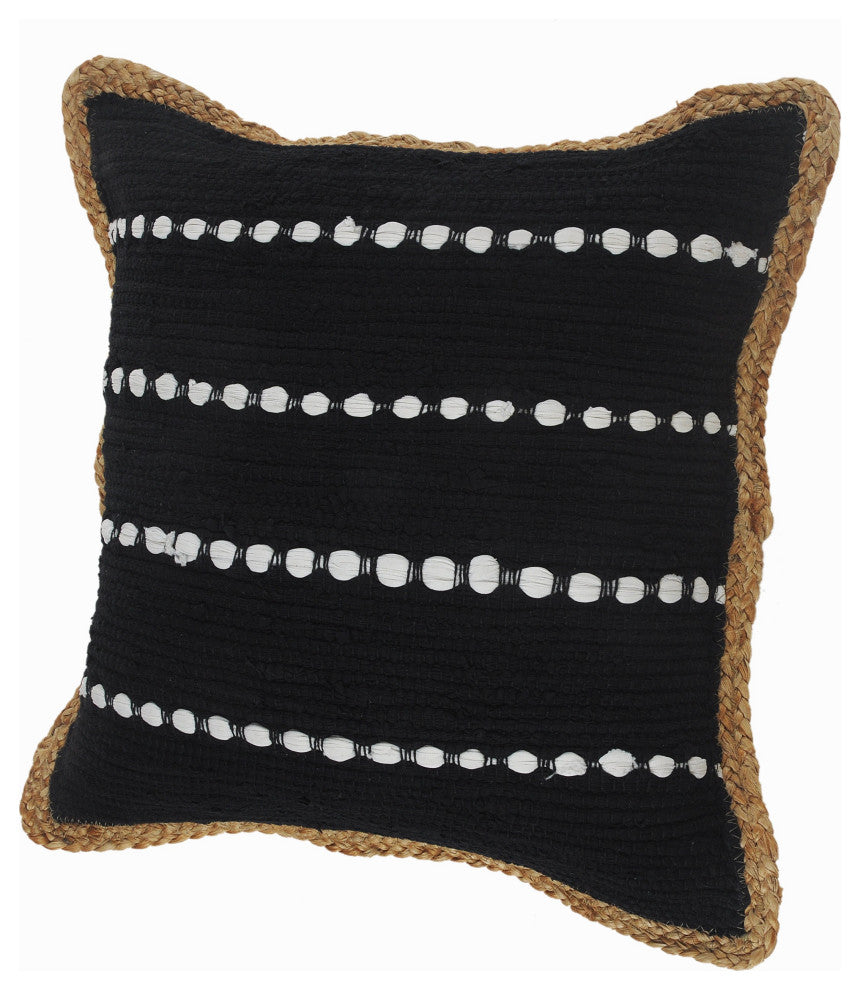Black and White Striped Jute Bordered Throw Pillow
