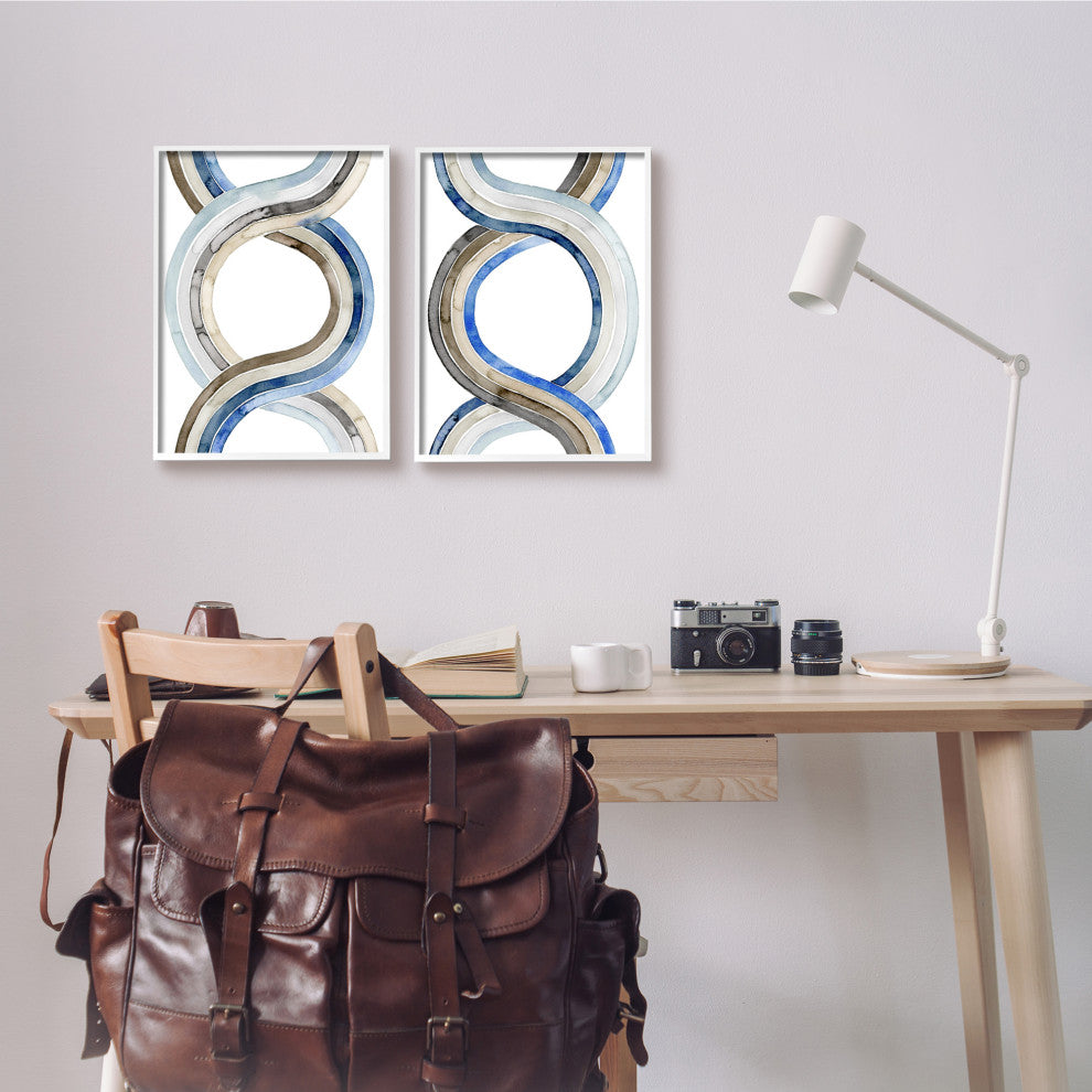 Two Dimensional Spiral Helix Brown Blue Abstract Lines,2pc, each 11 x 14