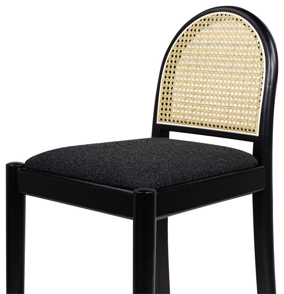 Panama Curved Back Cane Rattan Stool, Set of 2, Ebony Black Boucle, 30" Bar Height