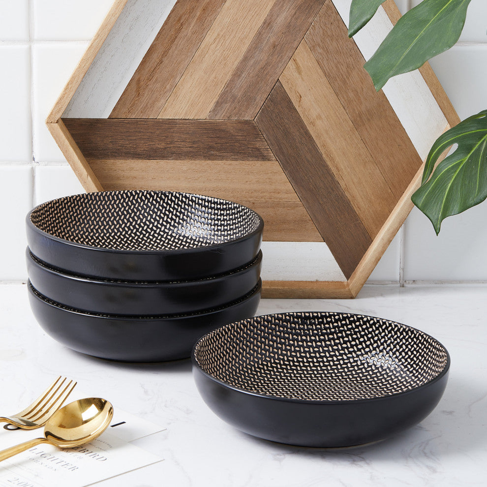 Stone Lain Daisy Stoneware 32 Piece Dinnerware Set, Brown and Black