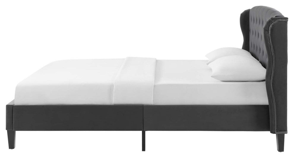 Platform Bed Frame, Queen Size, Velvet, Dark Gray, Modern Contemporary