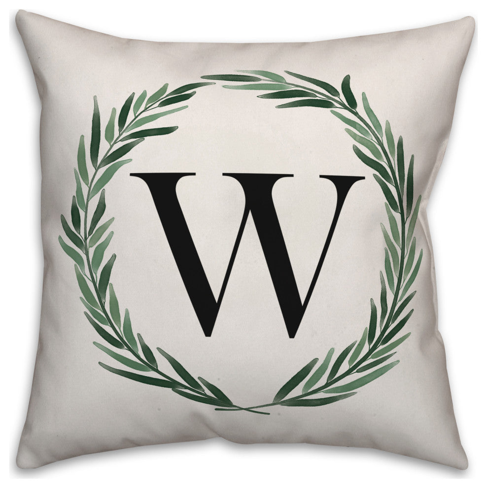Watercolor Greenery Wreath Monogram - W 18x18 Spun Poly Pillow