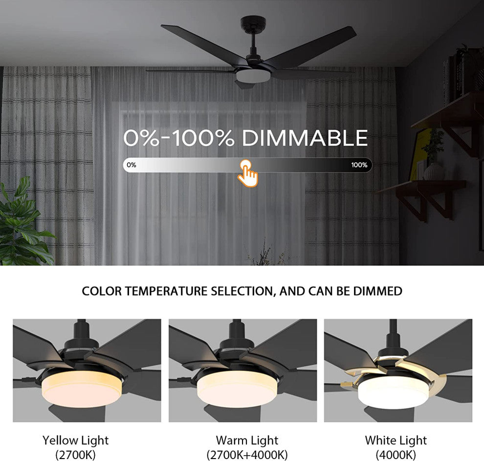 CARRO Smart Voice Control Ceiling Fan with Dimmable LED Light and Remote, Black, 52" Downrod