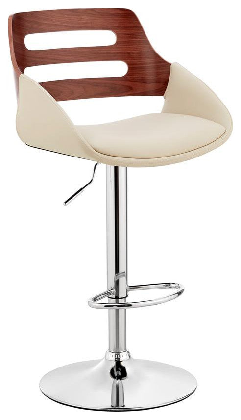 Karter Adjustable Cream Faux Leather and Walnut Wood Bar Stool with Chrome Base