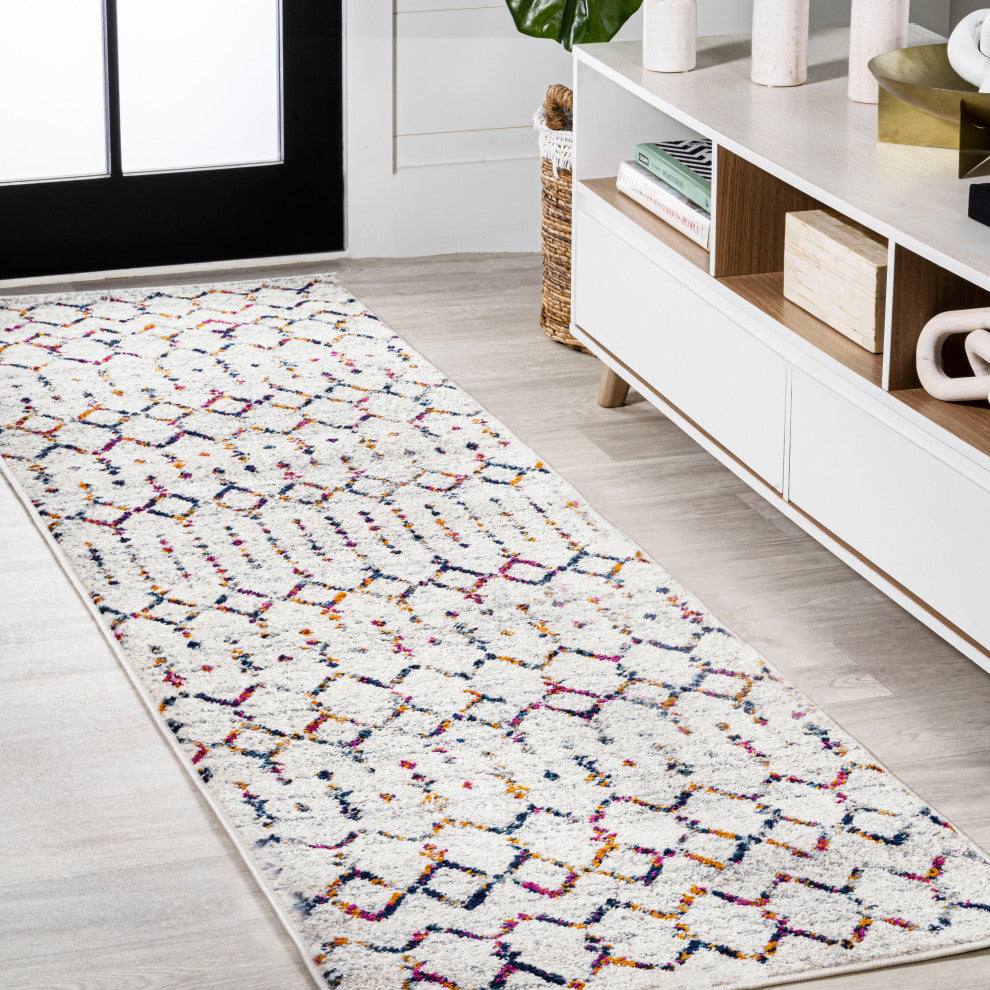 Moroccan HYPE Boho Vintage Diamond Runner Rug, Cream/Multi, 2 X 8