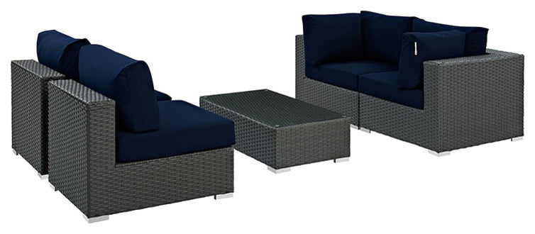 Modway Sojourn 5 Piece Outdoor Patio Sunbrella Sectional Set, Canvas Navy