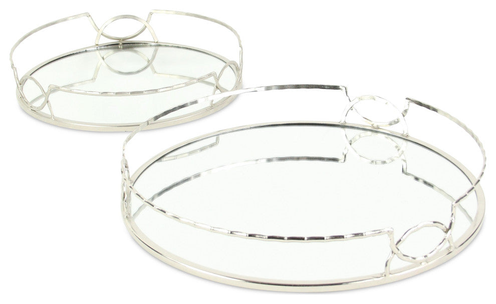 Mianzi Round Bamboo-Inspired Rim Silver Metal Trays (Set of 2)