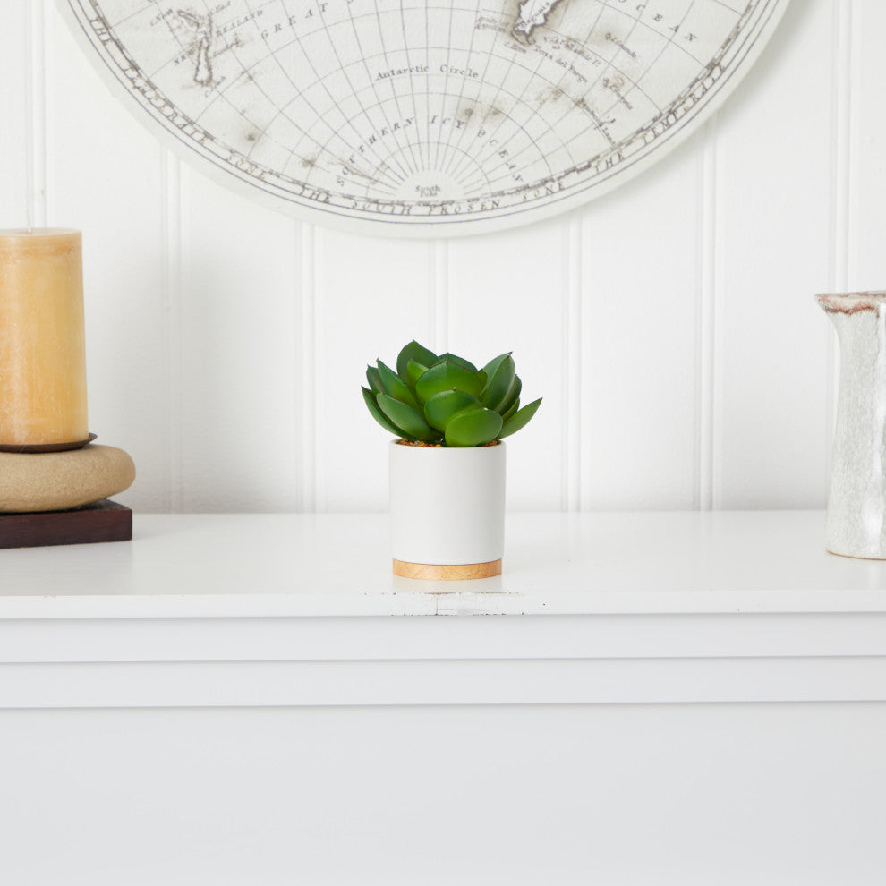 6" Succulent Artificial Plant, White Ceramic Planter