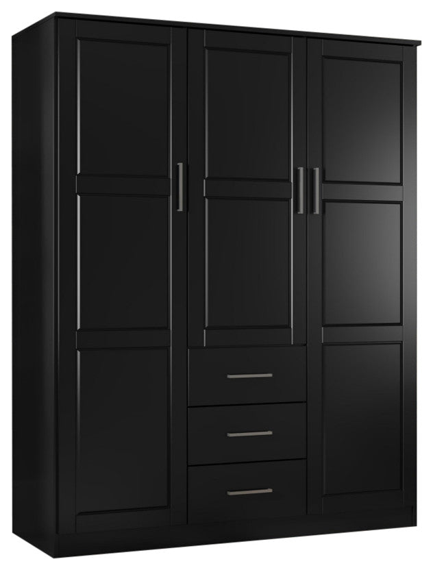 100% Solid Wood Cosmo 3-Door Wardrobe/Armoire, 2 Shelves, Black-Raised Panel