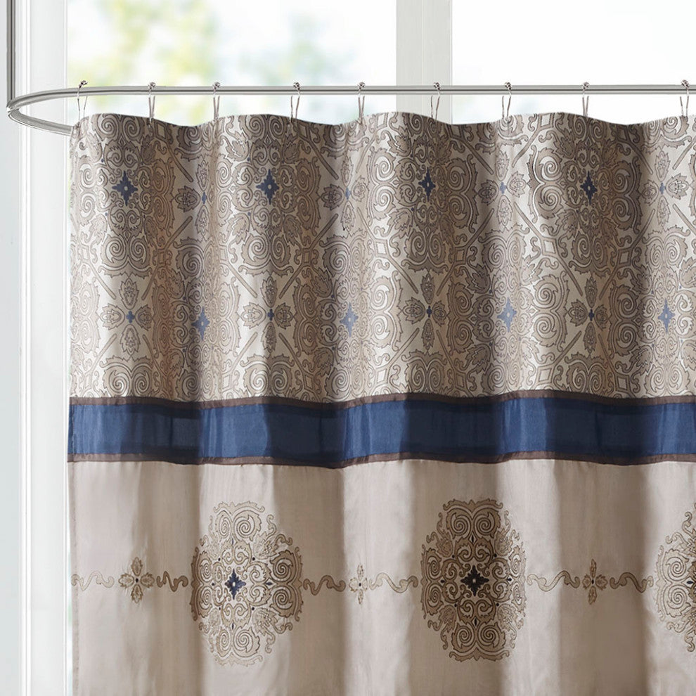Madison Park Donovan Embroidered Medallion 72x72" Shower Curtain, Navy