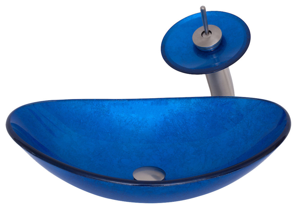 Azzurro Slipper Blue Foiled Glass Vessel Bathroom Sink Combo with Faucet Drain, Brushed Nickel