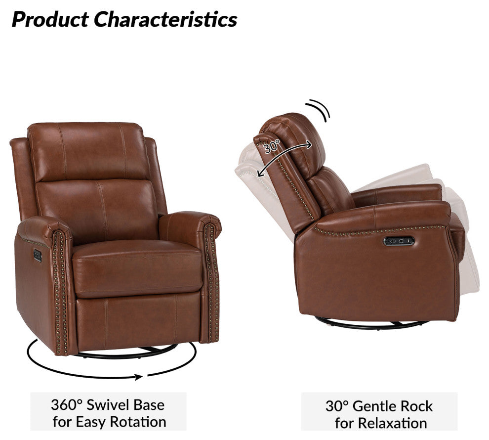 Kaietan Genuine Leather Power Rocking Recliner, Brown
