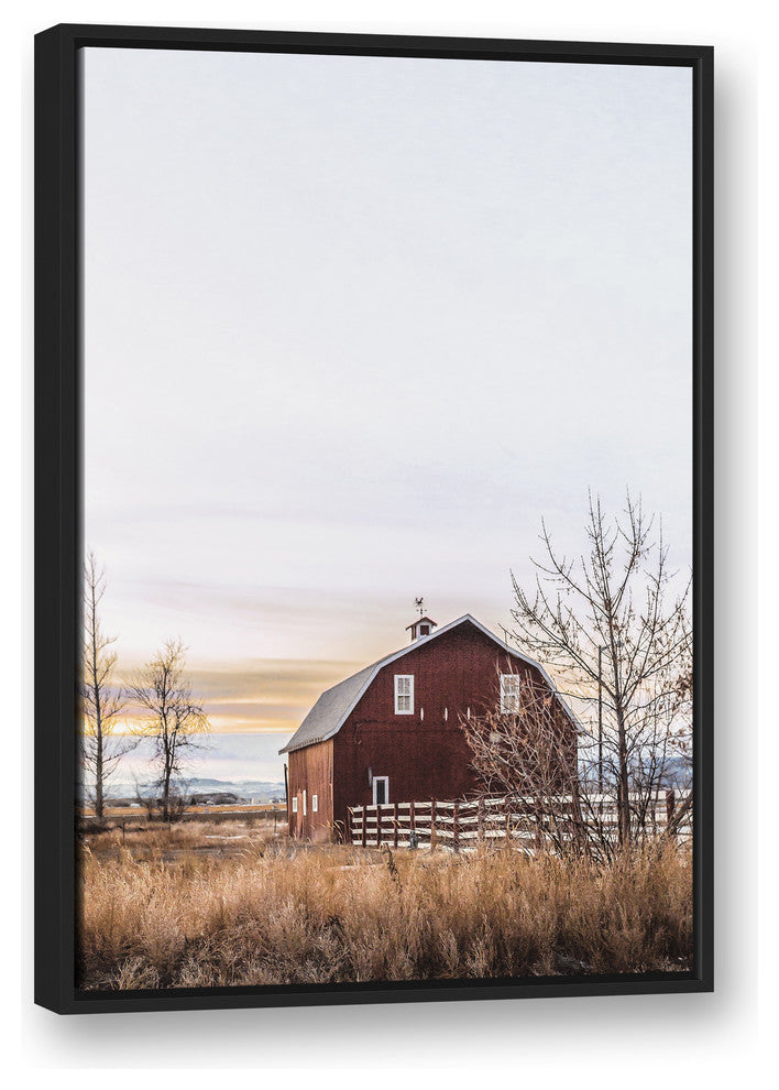 Rustic Barn Sunrise 24x36 Black Floating Framed Canvas