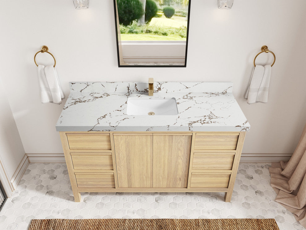 Elizabeth Oak 60" Single Sink Vanity, White 2" Viola Brown