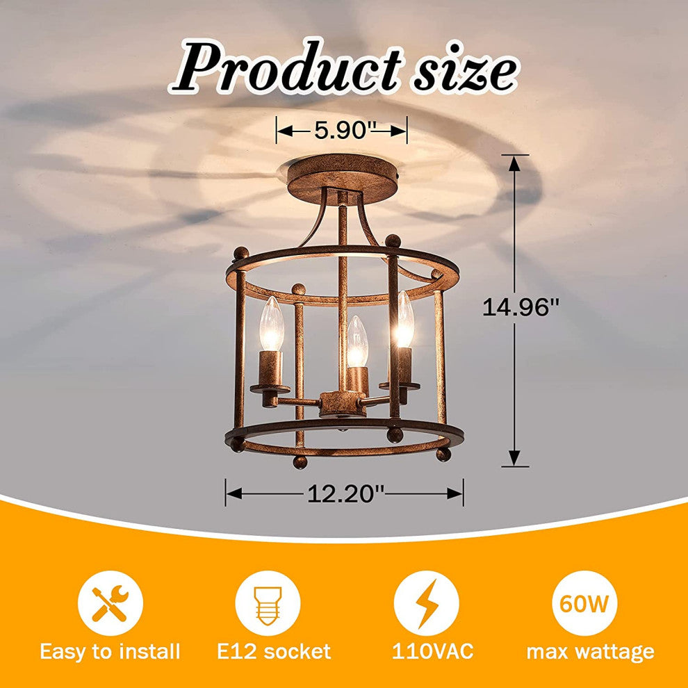 3 Light Industrial Semi Flush Mount Ceiling Lamp Rust Bronze Island Ceiling Lamp
