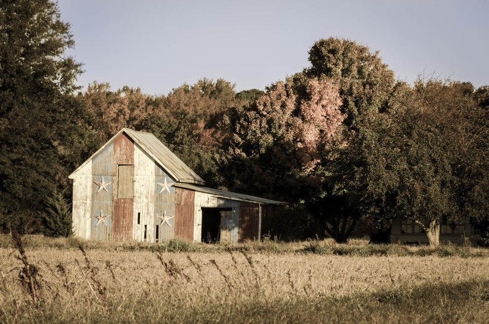 Patriotic Barn in Field Aged Rural Landscape Canvas Wall Art Print, 24" X 36"
