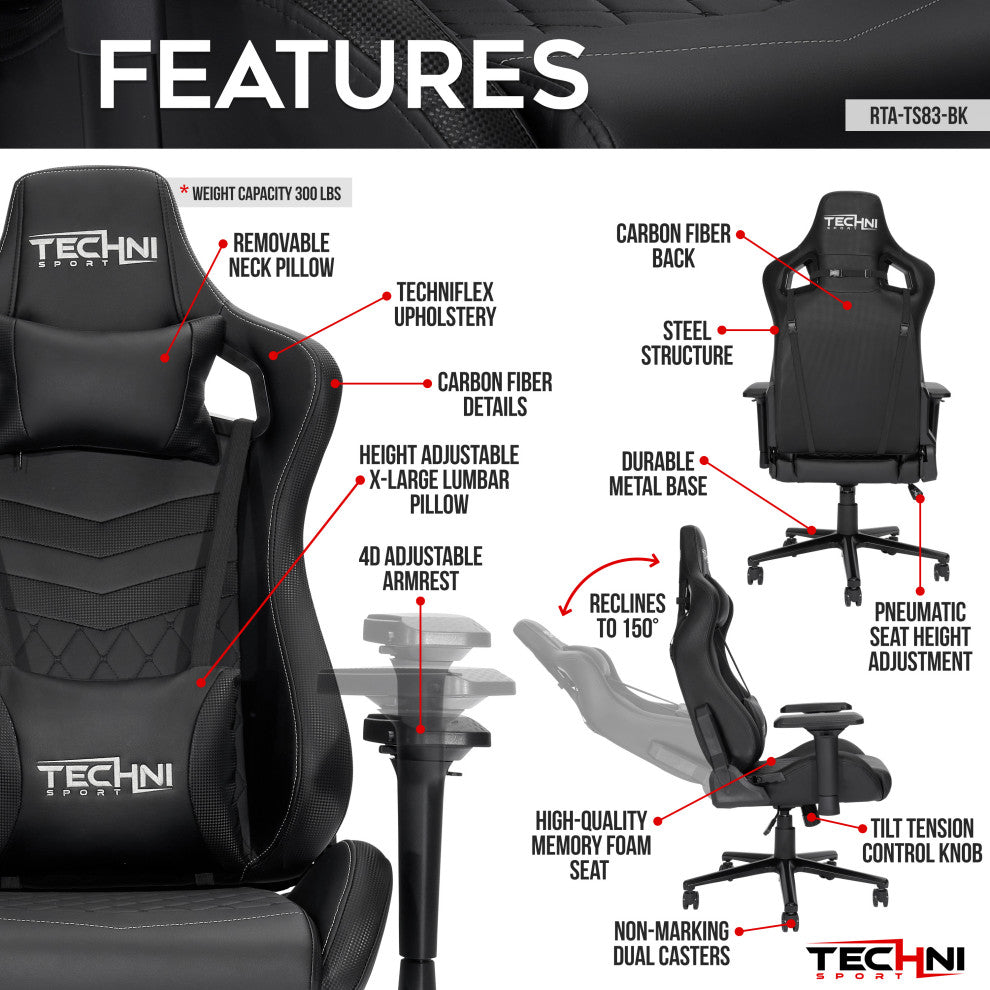 Ts-83 Ergonomic High Back Racer Style Gaming Chair, Black