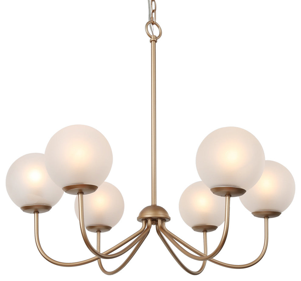 LALUZ 6-Light 27" Gold and Frosted Glass Mid Century Globe Chandelier