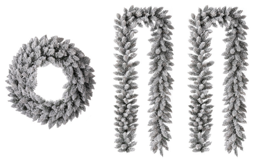24" Pre-Lit Snow Flocked Wreath and 9' Garland Set, 3-Piece Set