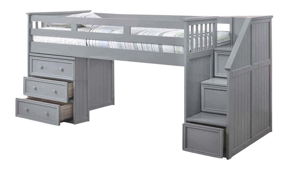 Marlena Grey Twin Storage Low Loft Bed with Stairs