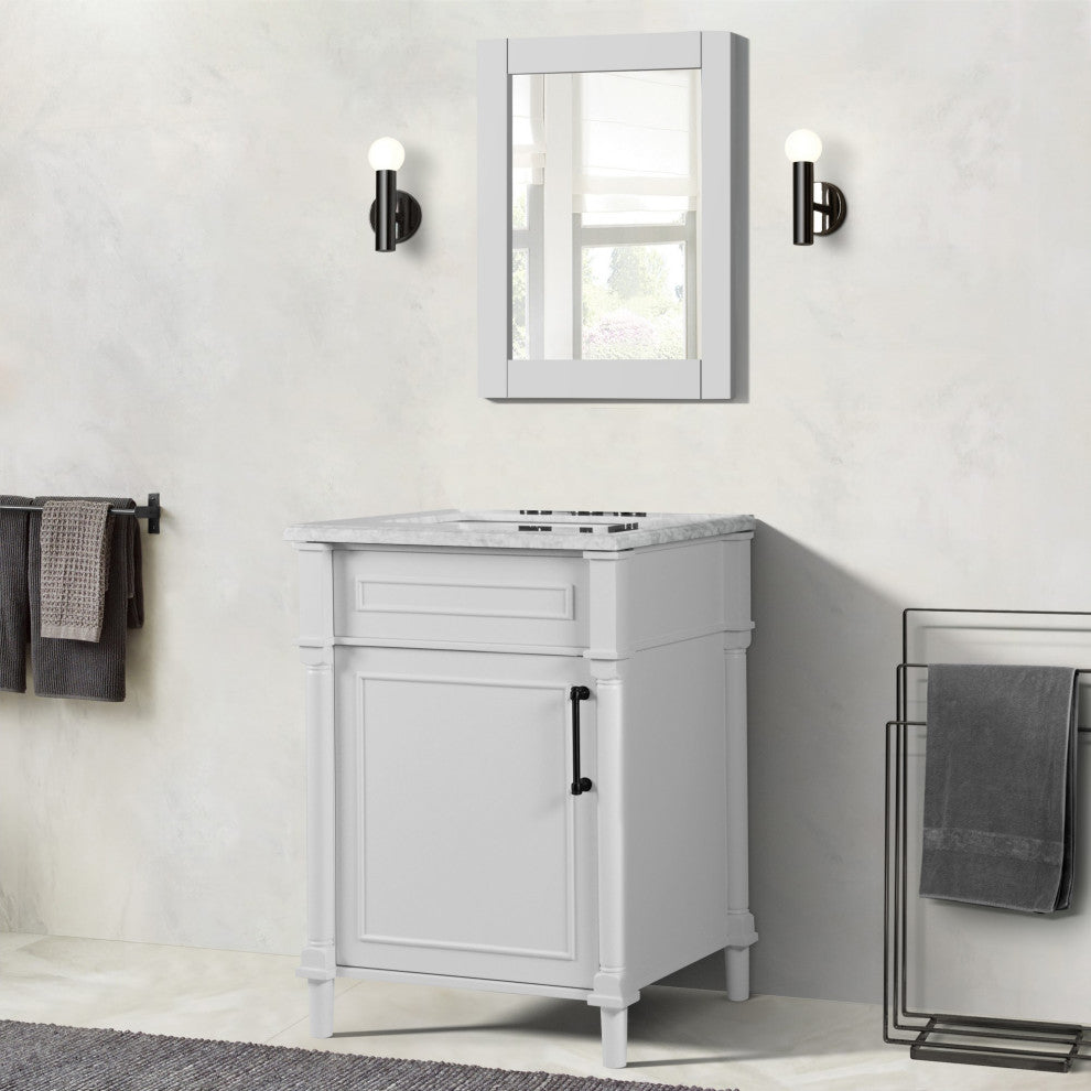 24" Single Vanity, White With White Carrara Marble Top
