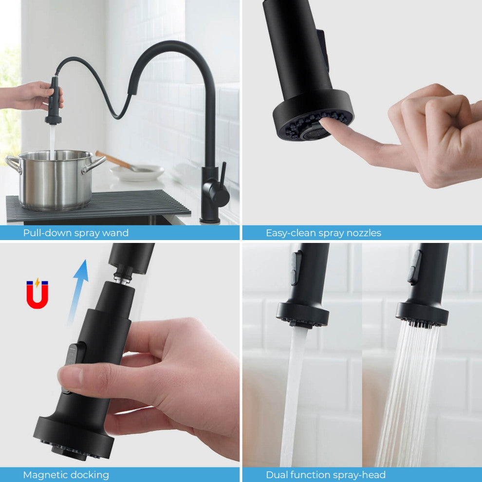 Casa Single Handle Pull Down Faucet, Matte Black, W/ Soap Dispenser