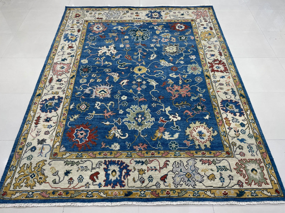 EORC Blue/Beige Hand Knotted Wool Colorful Mahal Classic Rug, 8'x10