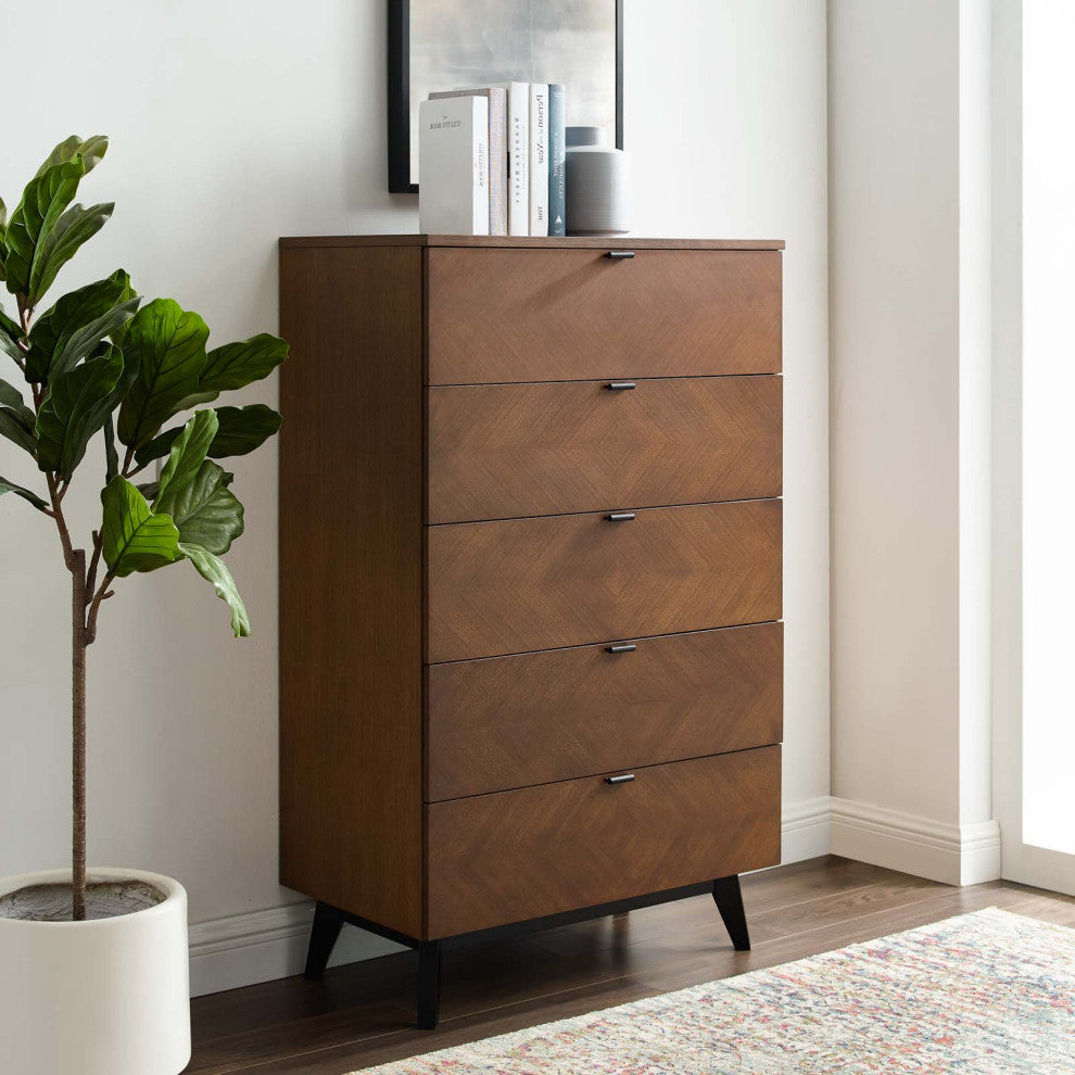 Dresser Drawer Chest Stand, Wood, Brown Walnut, Modern Mid-Century Living Room
