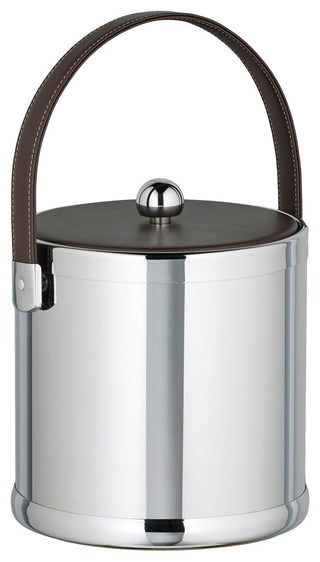 Kraftware Polished Chrome Ice Bucket with Brown Stitched Handle, 3 qt.